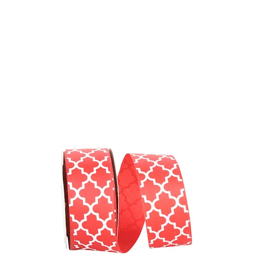 Reliant 1.5" x 25yd. Red & White Trellis Satin Ribbon